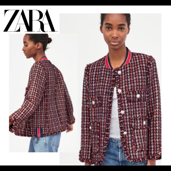 Zara Red Blue Tweed Blazer Faux Pearl Buttons Sz M
